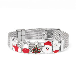 Christmas Charm Stainless Steel Mesh Watch Bracelet Red Green Crystal Bangle