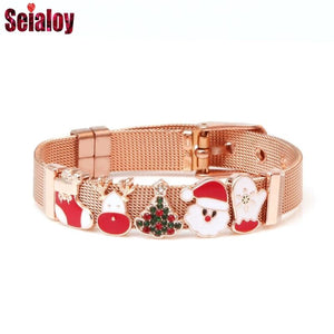 Christmas Charm Stainless Steel Mesh Watch Bracelet Red Green Crystal Bangle