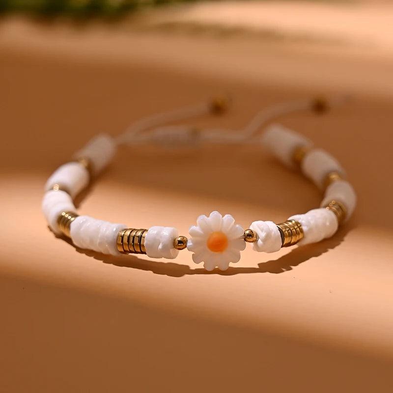 Shell Daisy Charm Bracelet Mother of Pearl Hematite Beads