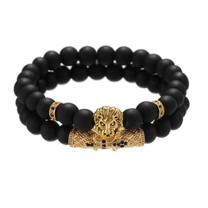 CZ Lion Crown Bracelet Set Matte Stone Beads Men Jewelry Gift