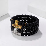 CZ Lion Crown Bracelet Set Matte Stone Beads Men Jewelry Gift