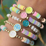 Enamel Charm Happy Face Bracelet Freshwater Pearls Heishi Boho Jewelry