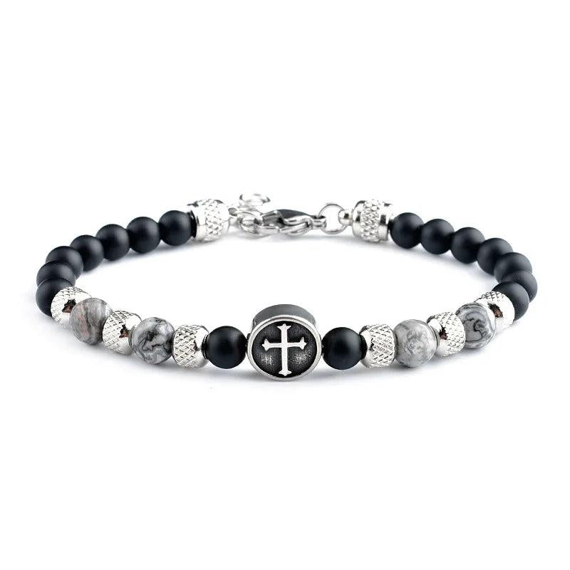 Classic Cross Charm Bracelet Men Vintage 6mm Bead Bracelet for Men Jew...