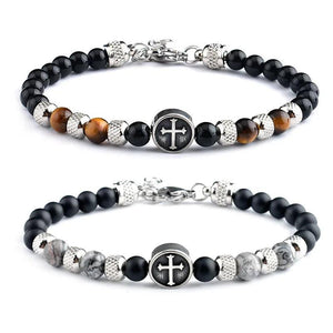 Classic Cross Charm Bracelet Men Vintage 6mm Bead Bracelet for Men Jew...