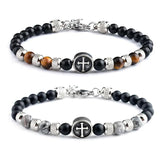 Classic Cross Charm Bracelet Men Vintage 6mm Bead Bracelet for Men Jew...