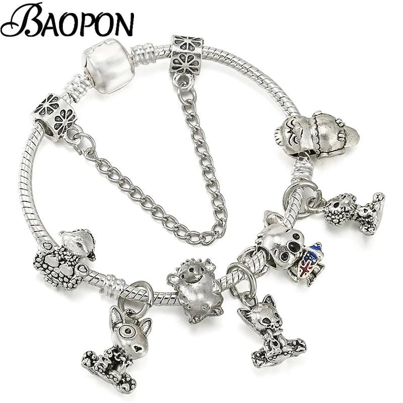 Cartoon Animals Charm Bracelet with Cat Hedgehog Dog Beads Bangle