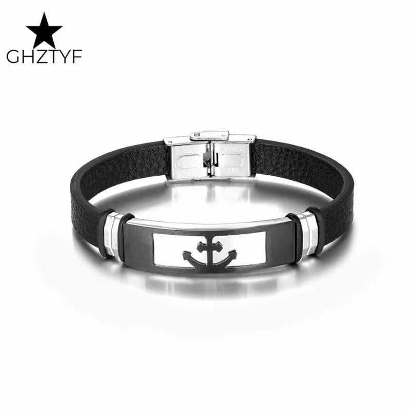 Men's Navy Anchor Leather Cuff Bracelet Stainless Steel Jewelry