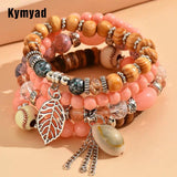 Pink Resin Bead Bracelet Set Shell Charm Women's Boho Jewelry