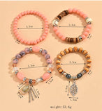 Pink Resin Bead Bracelet Set Shell Charm Women's Boho Jewelry