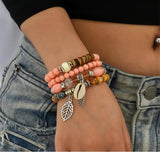 Pink Resin Bead Bracelet Set Shell Charm Women's Boho Jewelry
