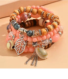 Pink Resin Bead Bracelet Set Shell Charm Women's Boho Jewelry