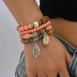 Pink Resin Bead Bracelet Set Shell Charm Women's Boho Jewelry