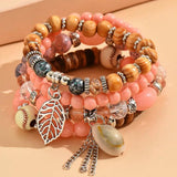Pink Resin Bead Bracelet Set Shell Charm Women's Boho Jewelry