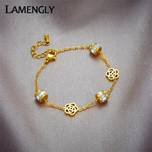316L Stainless Steel Flower Zircon Charm Bracelet For Women Girl