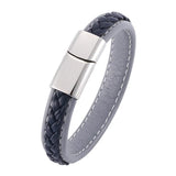 Men's Gray Braided Leather Bracelet Stainless Steel Magnetic Clasp
