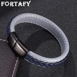 Men's Gray Braided Leather Bracelet Stainless Steel Magnetic Clasp