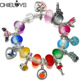 Silver Plated Snake Chain Charm Bracelet Women Colour Bead Pendant DIY Jewelry