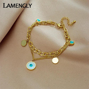 LAMENGLY 316L Stainless Steel Green Stone Eye Charm Bracelet