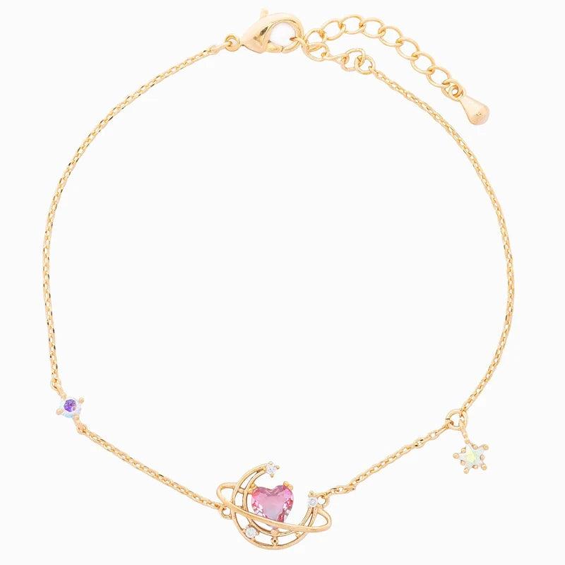 Ins Love Moon Bracelet Copper Plated Pink Heart Zircon Bracelet