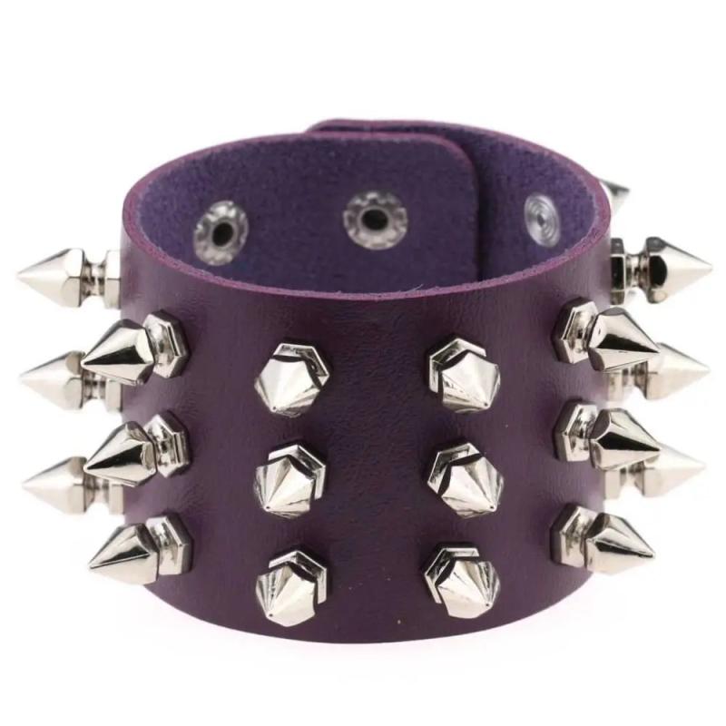 Vintage Purple Leather Stud Cuff Bracelet for Women