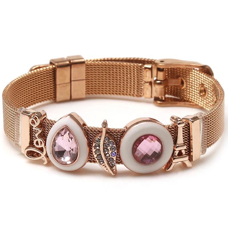 Rose Mesh Pink Crystal Drops Charm Women Love Bracelet
