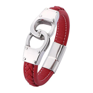 Men's Red Braided Leather Handcuffs Bracelet Stainless Steel Magnetic Buckle