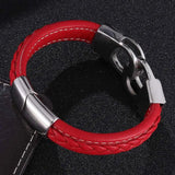 Men's Red Braided Leather Handcuffs Bracelet Stainless Steel Magnetic Buckle