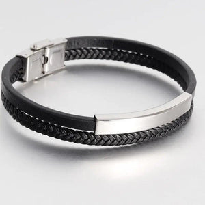 Men Multilayer Leather Cord Bracelet Stainless Steel Wrist Band