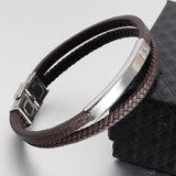 Men Multilayer Leather Cord Bracelet Stainless Steel Wrist Band