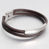 Men Multilayer Leather Cord Bracelet Stainless Steel Wrist Band