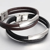 Men Multilayer Leather Cord Bracelet Stainless Steel Wrist Band