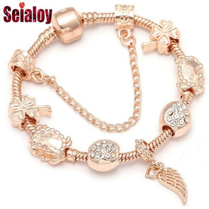 European Rose Lucky Bracelets For Women with Crystal Beads Wings Charm