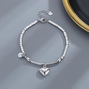 Silver Love Heart Bracelet for Women Girl Gift Beaded Fringe Squares