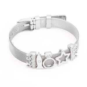 Stainless Steel Mesh Bracelet with Crown Beads and Heart Charm