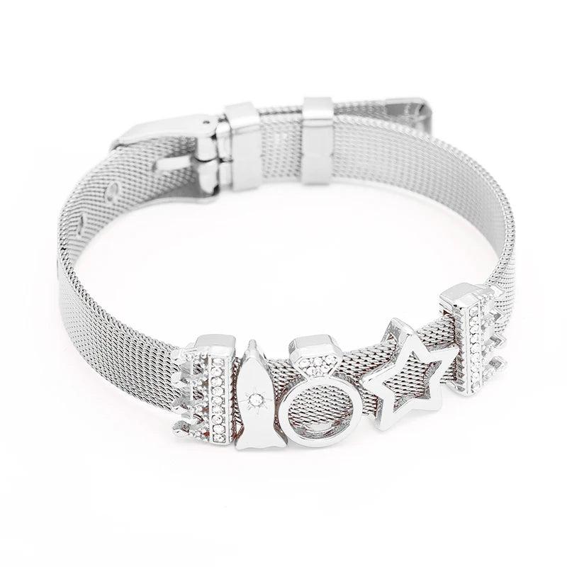Stainless Steel Mesh Bracelet with Crown Beads and Heart Charm