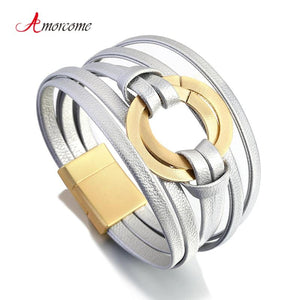 Silver Multilayer Leather Bracelets Metal Circle Round Charm Wrap Bracelet