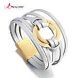 Silver Multilayer Leather Bracelets Metal Circle Round Charm Wrap Bracelet