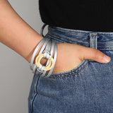 Silver Multilayer Leather Bracelets Metal Circle Round Charm Wrap Bracelet