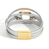 Silver Multilayer Leather Bracelets Metal Circle Round Charm Wrap Bracelet