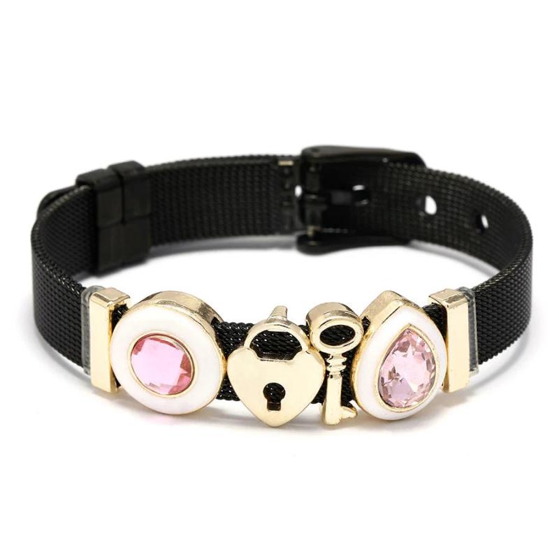 Rose Crystal Heart Charm Steel Mesh Bracelet