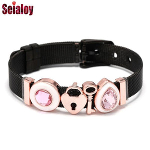Rose Crystal Heart Charm Steel Mesh Bracelet