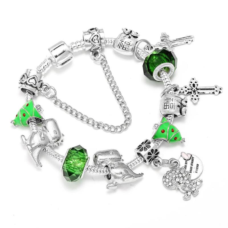Dino Butterfly Charm Bracelet Green Crystal Pine Cross Man Bangle