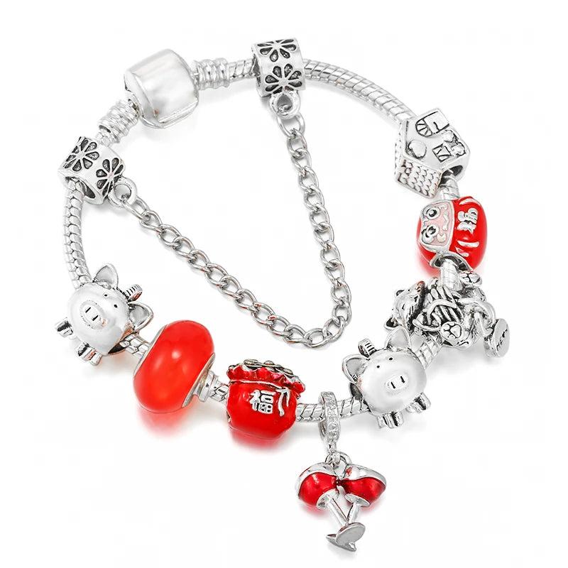 Rred Lucky Bag Piggy Bank Beads Pendant Charm Bracelet For Women