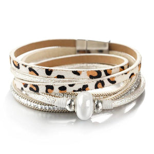 Leopard Leather Bracelet Charm Ceramic Bead Multilayer Wrap Wide Bracelets