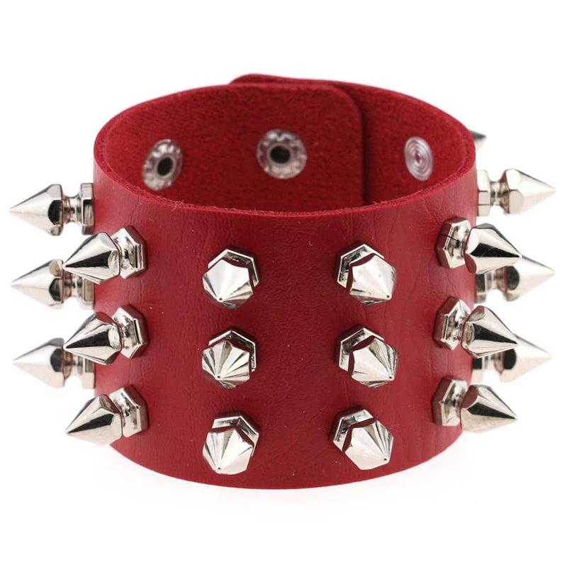 Three Row Spikes Rivet Stud Wide Cuff Leather Bangle Bracelet
