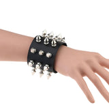 Three Row Spikes Rivet Stud Wide Cuff Leather Bangle Bracelet