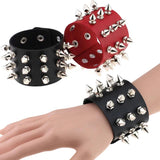 Three Row Spikes Rivet Stud Wide Cuff Leather Bangle Bracelet