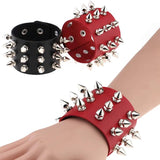 Three Row Spikes Rivet Stud Wide Cuff Leather Bangle Bracelet