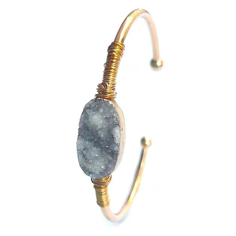 Golden Druzy Stone Bracelet Wire Wrapped Cuff Bangles