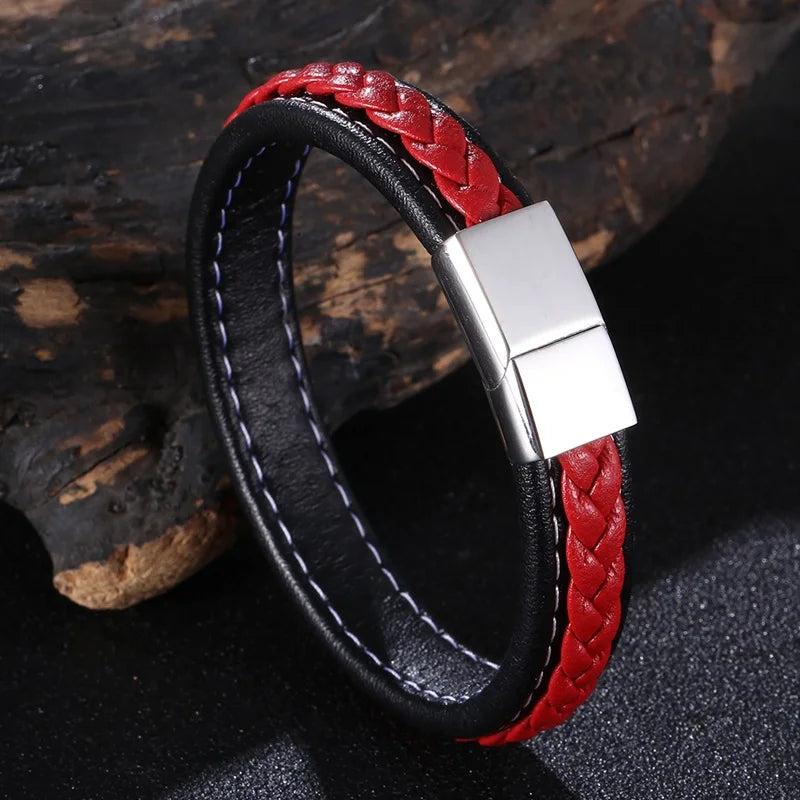 Red Braided Leather Bracelet Metal Magnetic Buckle Charm Wrist Band FR1283
